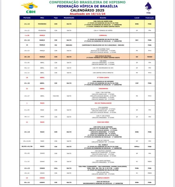 Calendário Geral de Competições 2025 - CBH e FHBr