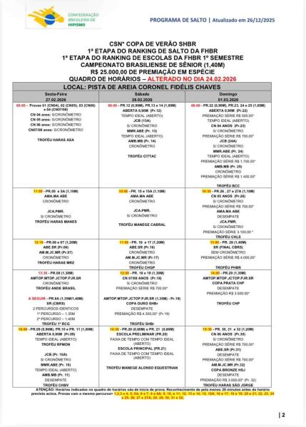 Quadro de horários - CSN Copa Verão SHBr